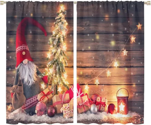 Vista 32 de Cortinas de Navidad de gnomo, bolas de árbol de Navidad, luces, regalos, decoración de tablones para sala de estar, dormitorio, bolsillo para barra