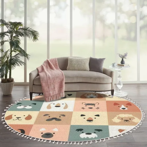 Vista 14 de Alfombra redonda bohemia para niños, dibujada a mano sin costuras con arco iris rosa pastel, alfombra de verano para bebé, alfombra de lino, Multi3