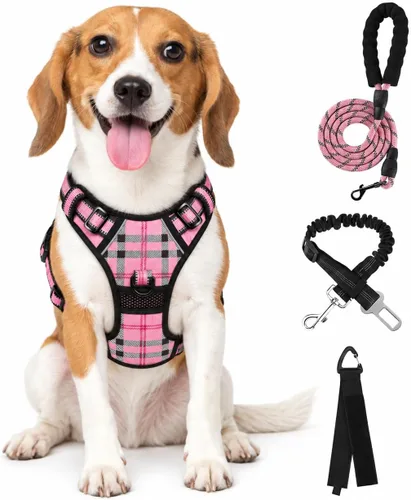 Vista 37 de FURRYFECTION - Arnés para perro a cuadros con correa y cinturón de Rosa