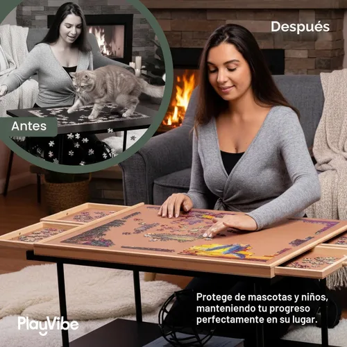Vista 6 de PlayVibe Tablero de rompecabezas de 1500 piezas con cajones y cubierta, estación de resolución de rompecabezas, mesa portátil con cajones, bandeja