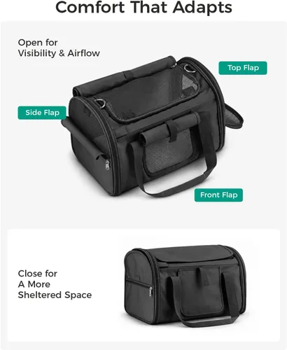 Vista 3 de Transportador suave para gatos con 3 solapas enrollables, transportador de Negro