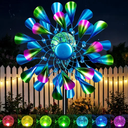 Vista 15 de Molinillo de viento solar grande de 83 pulgadas para exteriores, escultura de flor de tulipán de metal con bola de vidrio LED multicolor, arte