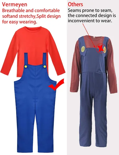 Vista 4 de Vermeyen Disfraz de Super Brothers para niños y adultos, traje de fontanero con sombrero, bigote, guantes, accesorio para disfraz de Halloween
