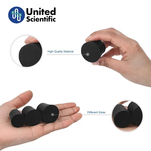 Vista 2 de United Scientific™ RSTPK4 Tapones de goma negros de laboratorio premium, 2 agujeros, buenos para sellar botellas, tubos y muchos otros recipientes