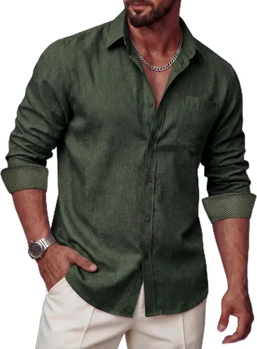 Vista 7 de Camisas de lino para hombre, casual, de manga larga, con botones, ajuste regular, cuello en contraste, con bolsillo