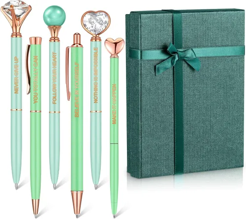Vista 14 de Yeaqee Juego de 6 bolígrafos inspiradores para mujer, regalo 2026, bolígrafos de diamante con cristal, suministros de oficina motivacionales con Azul