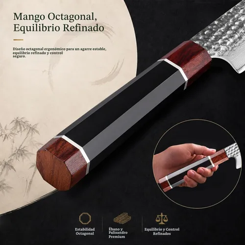 Vista 3 de FINDKING Cuchillo Kiritsuke Serie Prestige con Funda de Nogal, Hoja de Acero Damasco VG10 Japonés, Mango Octagonal de Madera de Ébano, Cuchillo