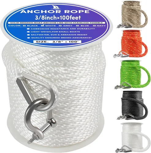 Vista 25 de Cuerda de anclaje premium de 50 pies x 1/2 pulgadas, línea de anclaje trenzada sólida MFP para barco con dedal y grillete - Negro