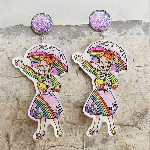 Vista 2 de Caiyao Aretes colgantes de resina acrílica para estudiantes y profesores, bonitos aretes de arco iris de ciencia para mujeres y niñas, regalo