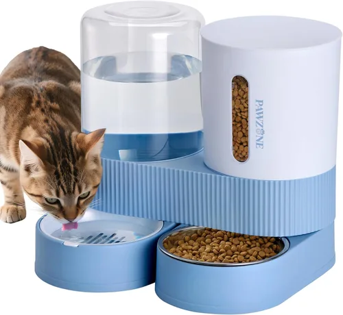 Vista 9 de Paquete de 2 alimentadores automáticos para gatos, dispensador de agua de acero inoxidable, alimentador de alimentos por gravedad y bebedero