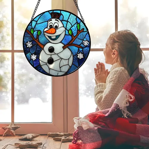 Vista 4 de Colgante de Vidrio Emplomado para Ventana Navidad Muñeco de Nieve Divertido 6.3" - Atrapasol Puerta Jardín Azul Blanco Copos de Nieve Atrapasol Año