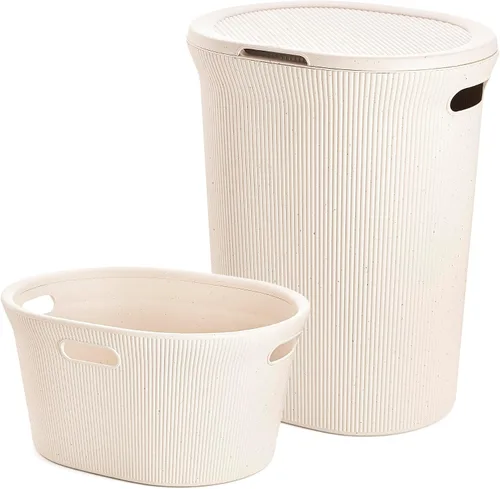 Vista 19 de Superio Colección acanalada - Cesto decorativo de plástico para ropa sucia con tapa y asas recortadas, azul (1 paquete) Organizador de cesta
