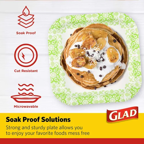 Vista 3 de Glad Platos cuadrados de papel desechables, patrón victoriano verde, fuertes, resistentes, a prueba de remojo y aptos para microondas para cena