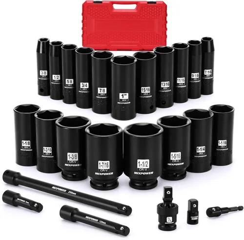 Vista 2 de MIXPOWER Juego de 25 llaves de vaso de impacto de 1/2 pulgada, enchufe profundo de 3/8 a 1-1/2 pulgadas, enchufe hexagonal de 6 puntos con funda