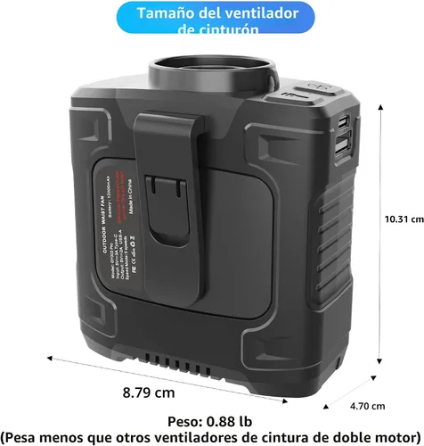 Vista 7 de Ventilador de cintura – Ventilador de cinturón portátil de doble motor fuerte de 17000 RPM, batería de 10000 mAh, tiempo de funcionamiento 24 horas