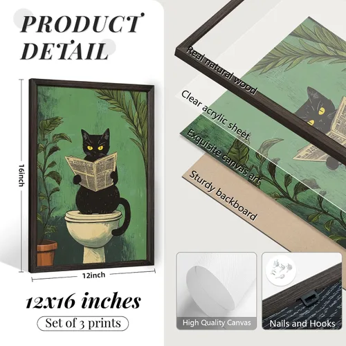 Vista 2 de Arte de pared de baño de gato, lienzo divertido para decoración de pared, imágenes de gato negro, impresiones lindas divertidas para baño, póster