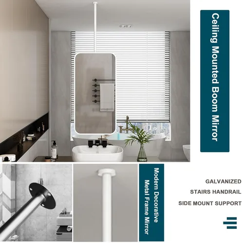 Vista 3 de Espejo de techo blanco con barra para colgar en el techo, espejos de baño para tocador, moderno espejo de pared rectangular de esquina redonda