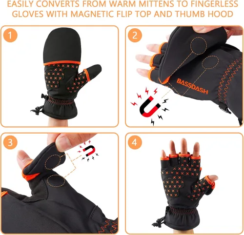 Vista 2 de BASSDASH WinteFlex Guantes de pesca en hielo aislantes con protección contra el frío, sin dedos, resistentes al agua para hombres y mujeres