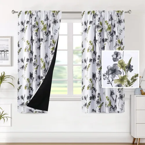 Vista 21 de H.VERSAILTEX cenefas de cortina 100% opacas para ventanas de cocina, juego de 2 paneles, estampado floral Cattleya Leah, cenefas térmicas aisladas