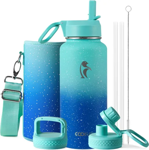 Vista 82 de Coolflask Botella de agua de 20 onzas aislada con pajilla, 3 tapas de metal de acero inoxidable, botella de agua de boca ancha para deportes u