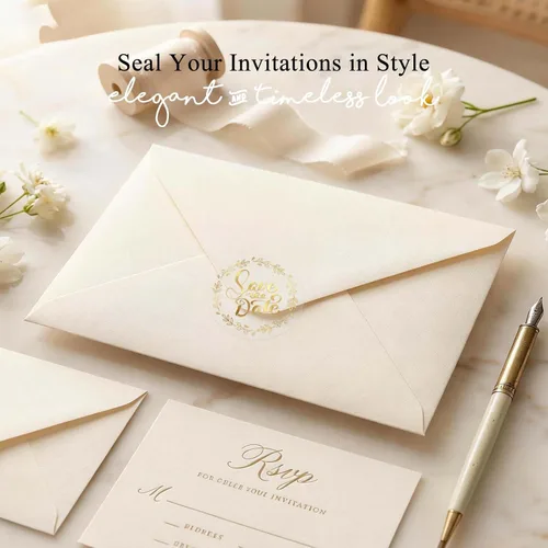Vista 5 de 100 calcomanías para guardar la fecha, sellos de sobres de lámina dorada transparente para invitaciones de boda, despedida de soltera, fiesta