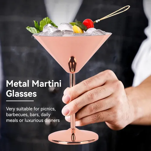 Vista 2 de Juego de 2 vasos de Martini de acero inoxidable, irrompibles de metal, copas de Martini de cobre, elegantes copas de cóctel, copas de vino, juego