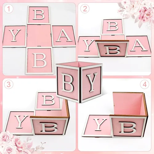 Vista 4 de Juego de 4 centros de mesa de baby shower para mesas, cajas de madera de 6 pulgadas con letras de bebé, cubos rústicos, bloques de madera para Rosa