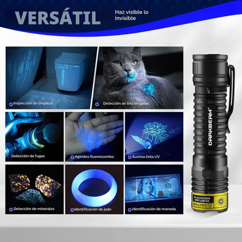 Vista 3 de DARKBEAM Linterna UV 365 nm Luz Negra LED, Mini pero Potente Lámpara de Bosque Recargable Ultravioleta USB -C, Detector de Orina de Mascotas