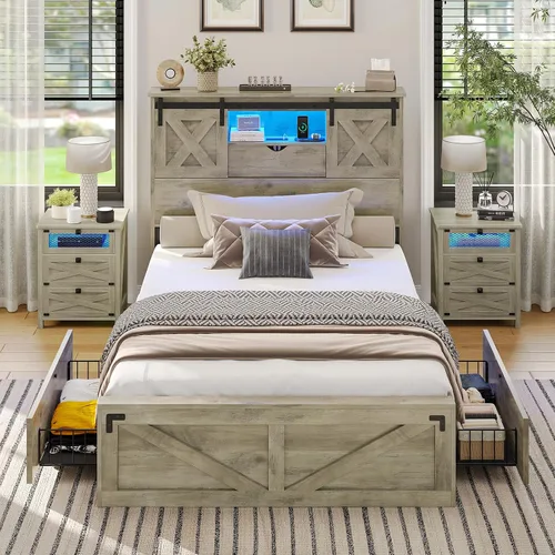 Vista 9 de Marco de cama de granja tamaño individual con 2 cajones de almacenamiento, plataforma de madera con luces LED y estación de carga, cabecera