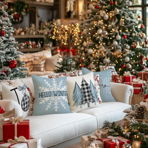 Vista 2 de GEEORY Juego de 4 fundas de almohada de Navidad de 18 x 18 pulgadas para decoraciones de Navidad, árbol de Navidad, alegría, nieve, Navidad feliz