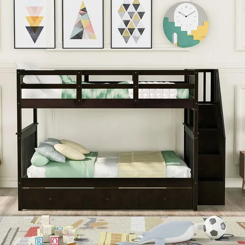 Vista 3 de Harper & Bright Designs Litera de tamaño matrimonial sobre matrimonial con 3 cajones, litera de madera maciza con almacenamiento y riel de Espresso