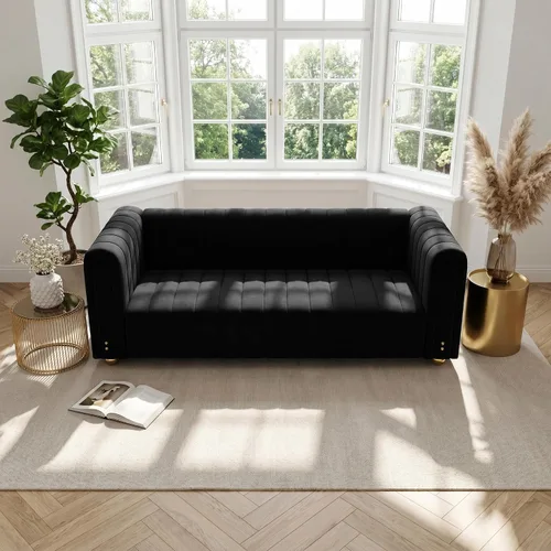 Vista 4 de Sofá de terciopelo de 81 pulgadas, sofá moderno de mediados de siglo para 3 personas, sofás de terciopelo copetudos para sala de estar, apartamento