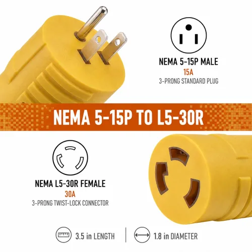 Vista 5 de Adaptador de RV de 30 amperios a 110V NEMA 5-15P a L5-30R Twist Lock