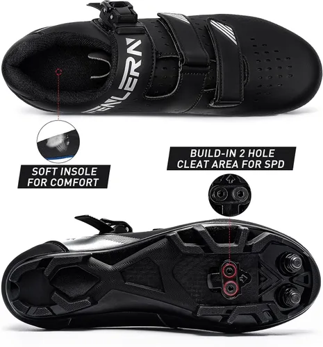 Vista 3 de FENLERN Zapatos de ciclismo para hombre, zapatos de bicicleta de montaña MTB con hebilla de trinquete rápida, para montar en interiores