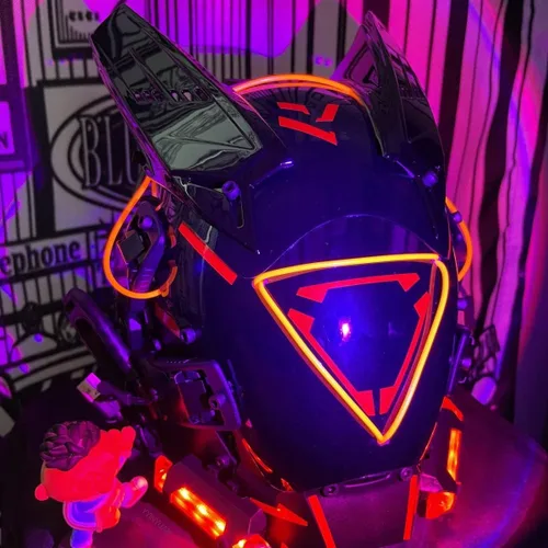 Vista 6 de Cyberpunk Máscara Mecha Casco futurista Techwear Halloween cosplay, máscara cibernética LED roja para hombres y mujeres