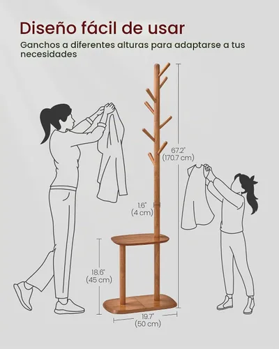 Vista 5 de VASAGLE Perchero de pie, perchero independiente, árbol de abrigo con 8 ganchos y estante de almacenamiento, 67.2 pulgadas de alto, para abrigos