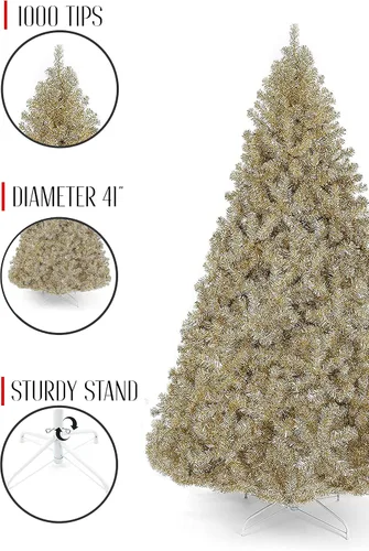 Vista 3 de Perfect Holiday Árbol de oropel dorado metálico de 6 pies 1000 puntas, diámetro 41 pulgadas Soporte de metal blanco, PVC-6GD