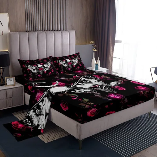 Vista 45 de Erosebridal Sábanas de cama de guepardo con rosa roja, juego de sábanas de bolsillo profundo con estampado de leopardo y gato, sábana bajera
