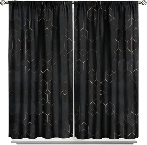 Vista 89 de Cortinas Negras con Dobladillo Dorado, Cortinas Opacas con Bolsillo para Barra con Estampado de Rayas de Foil en Onda Dorada para Decoración de Negro