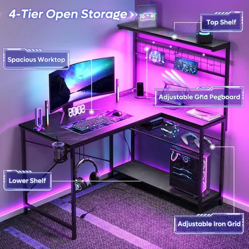 Vista 5 de Bestier - Escritorio esquinero para computadora con 42 tomas de corriente, luces LED, mármol negro