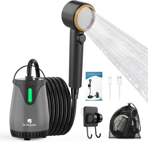 Vista 10 de DR.PREPARE Ducha portátil, bombas de ducha dobles para campamento, 2 × 5000 mAh, motor de 11,000 rpm, flujo de 1.32 galones/min, boquilla