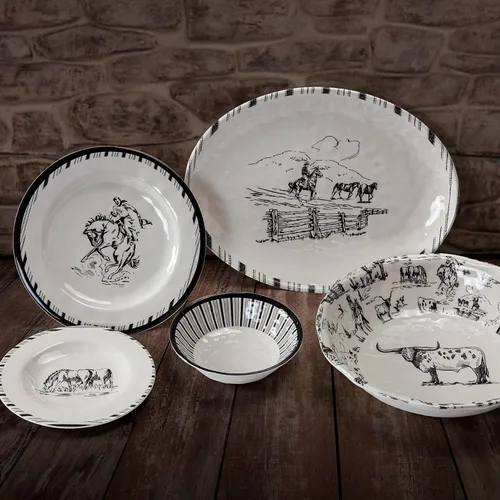 Vista 5 de Paseo Road Bonita Talavera - Juego de vajilla de plástico de melamina de 14 piezas con platos, cuencos y platos para servir, juego de platos