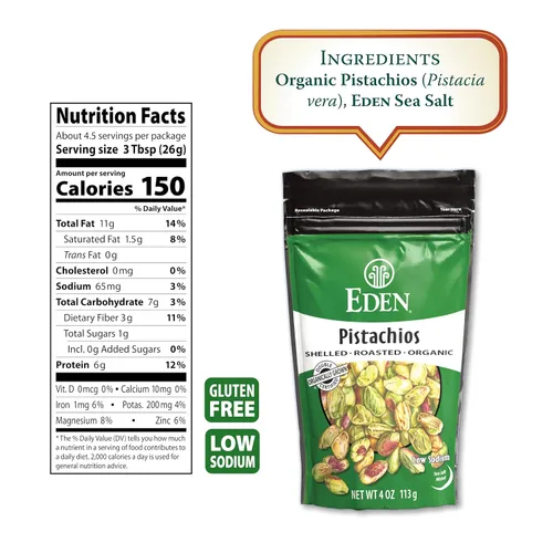 Vista 3 de Eden Pistachos orgánicos, sin cáscara, tostados y rociados con sal marina, cultivados en California, 4 onzas