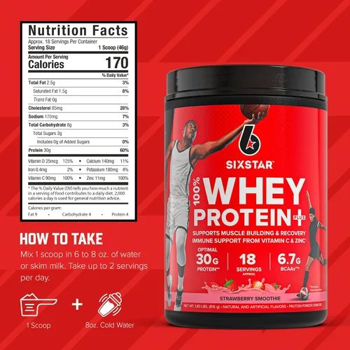 Vista 5 de Six Star Whey Protein Powder Plus - Fórmula de construcción muscular y recuperación con polvo aislado de suero de leche, BCAAs, 30g de proteína