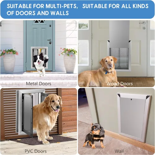 Vista 7 de SmarketBuy Puerta grande para perro, puerta de aluminio resistente a la intemperie con cierre automático, paneles dobles fáciles de instalar, puerta