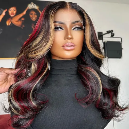 Vista 9 de abgese Peluca de cabello humano ondulado con reflejos rojos, pelucas de cabello humano ondulado con encaje frontal, densidad del 180 %, encaje