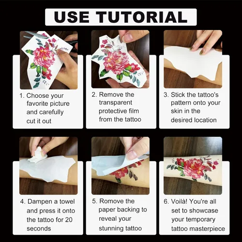 Vista 7 de Tatuajes temporales florales de 21 hojas, diseños brillantes de peonías y rosas en 3D, arte corporal impermeable para mujeres y niñas, calcomanías