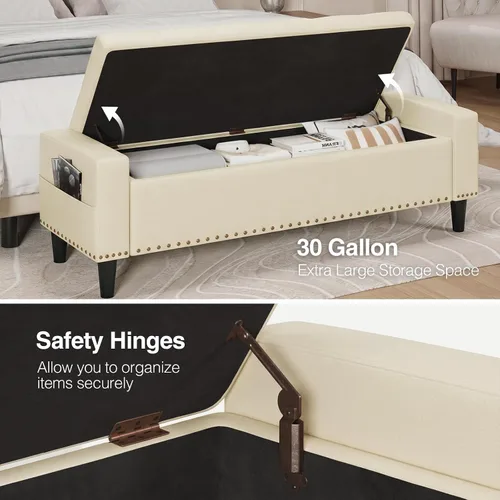 Vista 6 de Banco otomano de almacenamiento de 60 pulgadas, banco de cama tapizado de Blanco crema