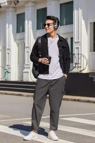 Vista 8 de COOFANDY Pantalones cargo para hombre, ajuste relajado, pantalones de lino recortados, pantalones casuales holgados con bolsillos