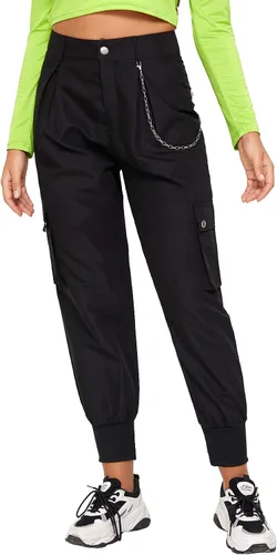 Vista 2 de Milumia Pantalones tipo cargo para mujer estilo casual de cintura alta con bolsillo lateral con cadena